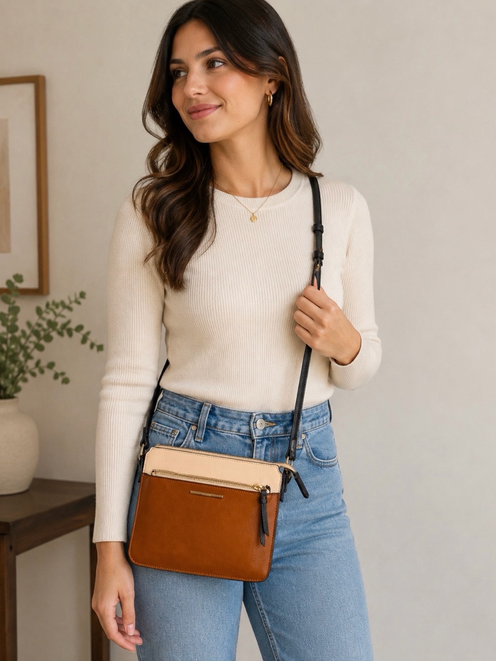 Aldo Two-Tone Tan and Cream Crossbody with Black Strap
